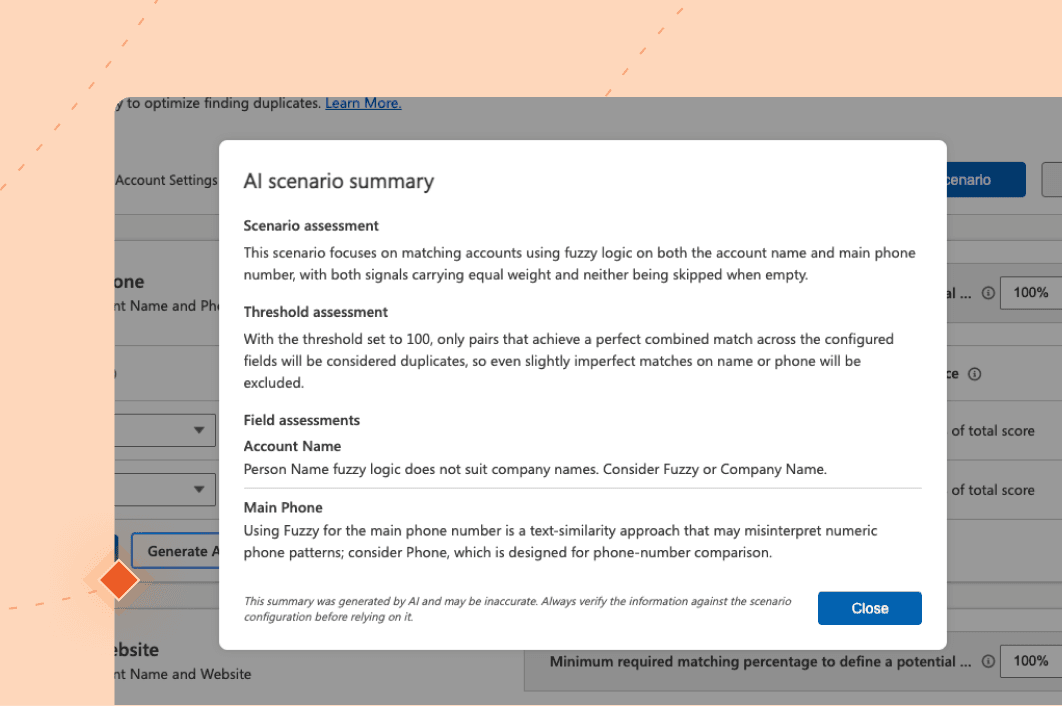 Screenshot of the Plauti AI scenario summary panel in Dynamics 365, flagging that the account scenario's 100% threshold and fuzzy field settings are mismatched.