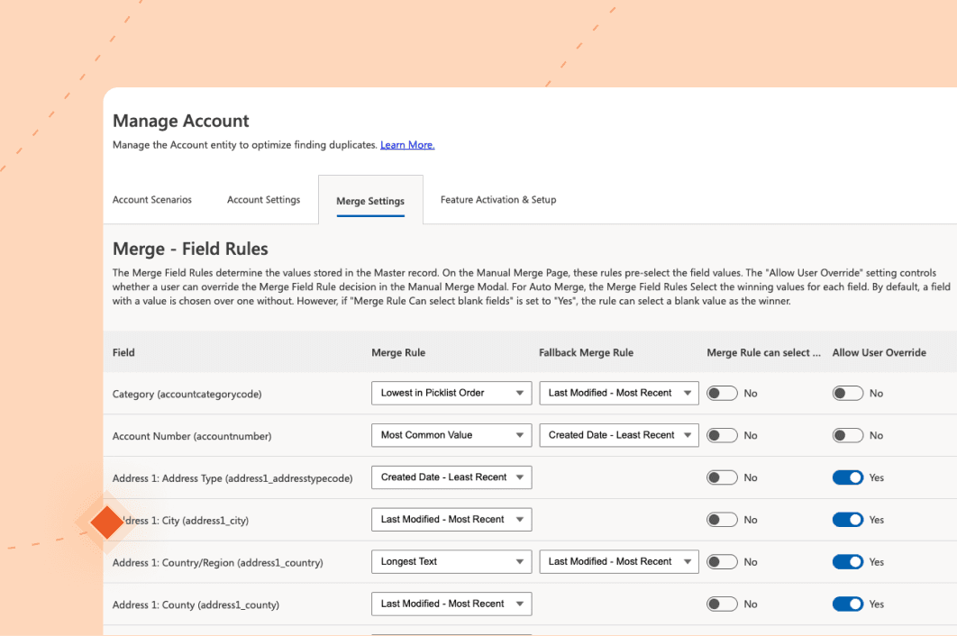 Plauti merge field rules in Dynamics 365, showing per-field rules like Last Modified and Longest Text, with fallback rules and user override toggles.