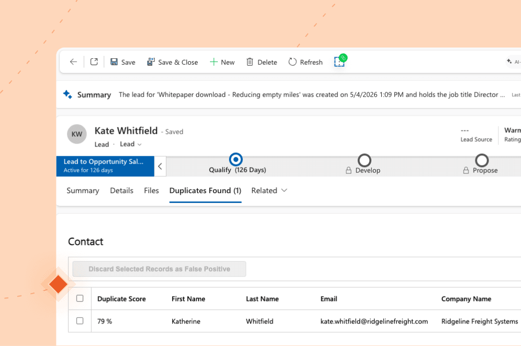 A duplicate lead and its matching contact side by side in Dynamics 365