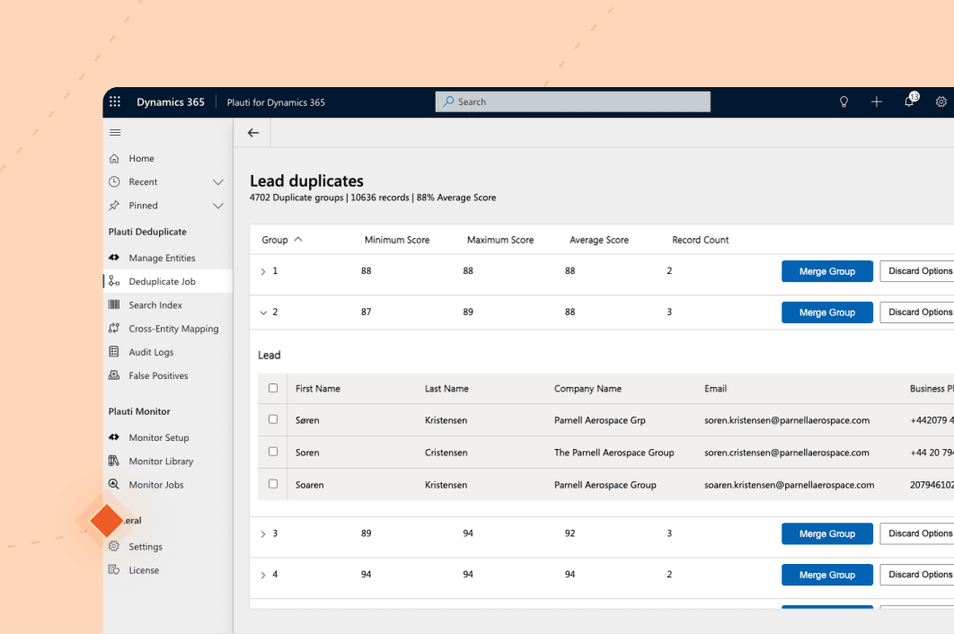 Plauti duplicate results in Dynamics 365, showing scored lead duplicate groups ready to merge.