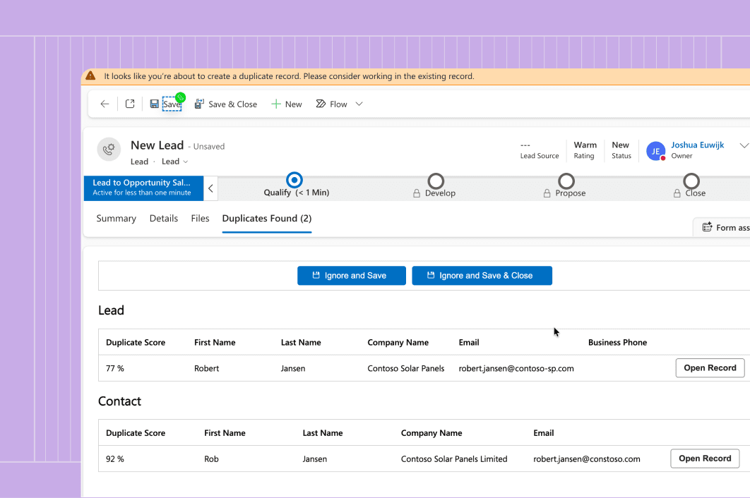 Screenshot of Dynamics 365 showing Plauti's Duplicates Found tab on a new lead, with matches in both the Lead and Contact tables.