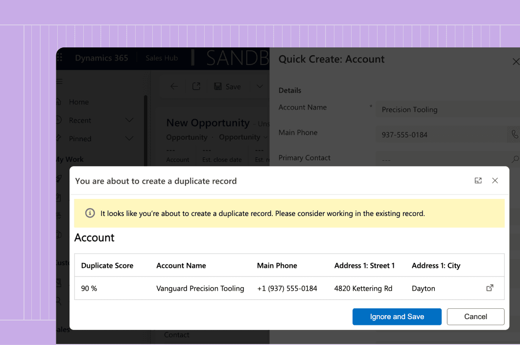 Screenshot of a Dynamics 365 Quick Create account form with a Plauti warning dialog open, showing a 90% duplicate match on an existing account, Vanguard Precision Tooling.