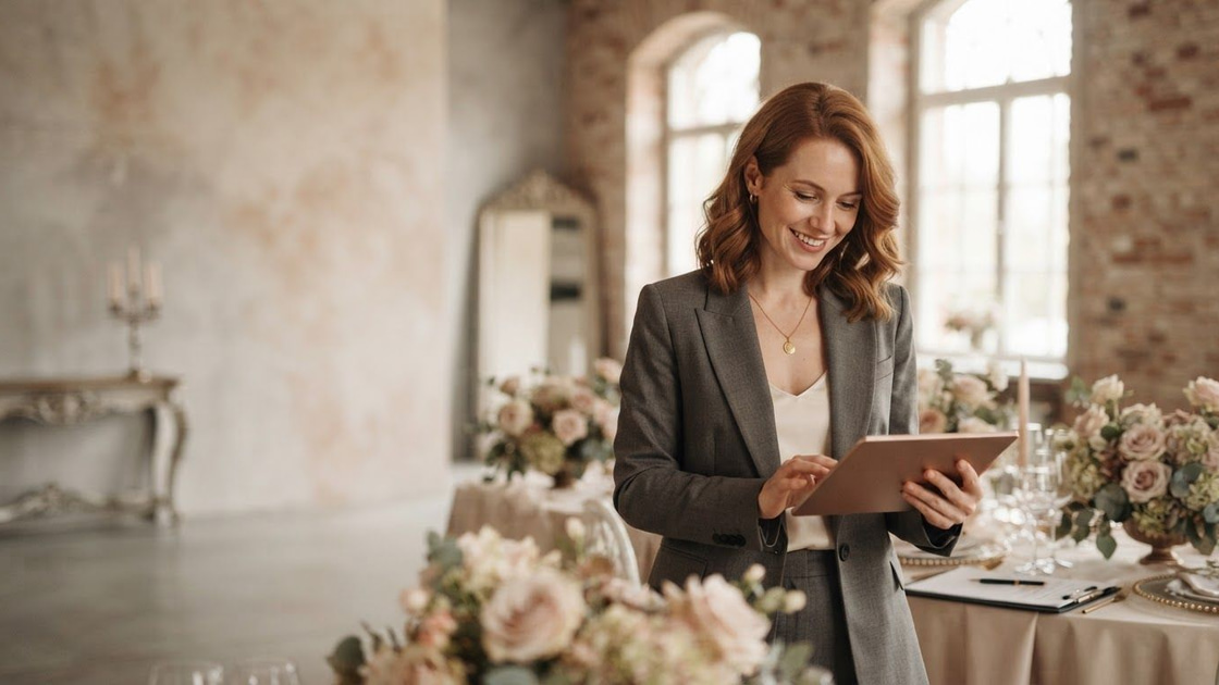 Wedding coordinator using a tablet at an elegant floral table setting