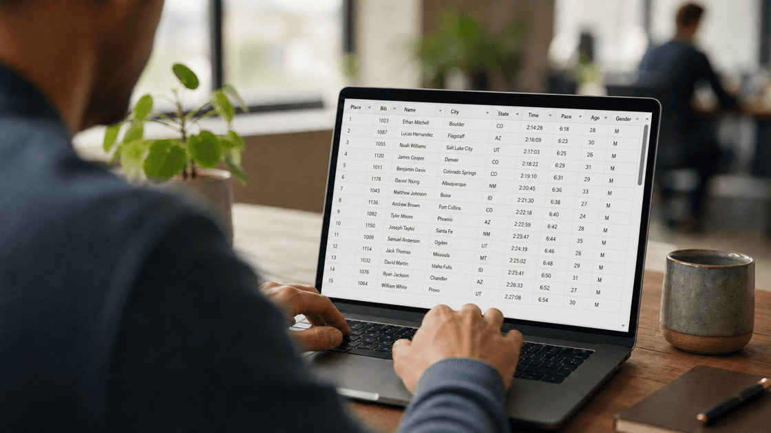D365 duplicate detection. Man behind a laptop looking a spreadsheet