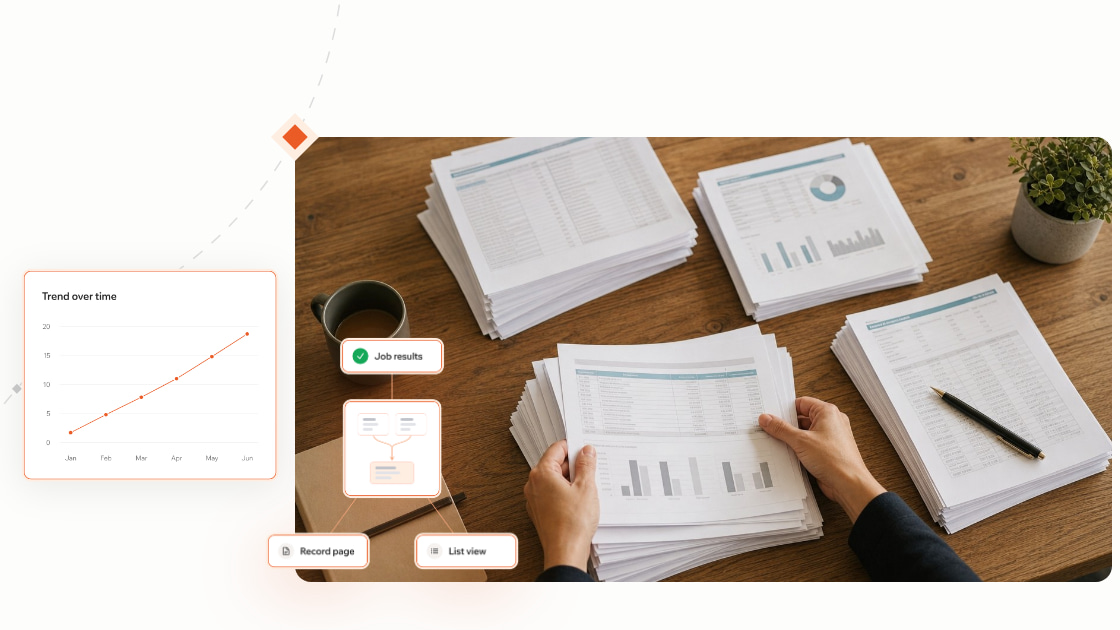 Hands holding printed reports with charts, next to a trend chart and a merge-results card.