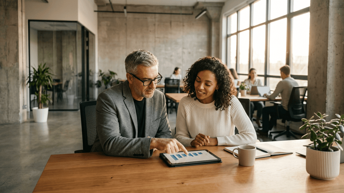 Defaqto customer success story. A man showing statistics to his colleague.