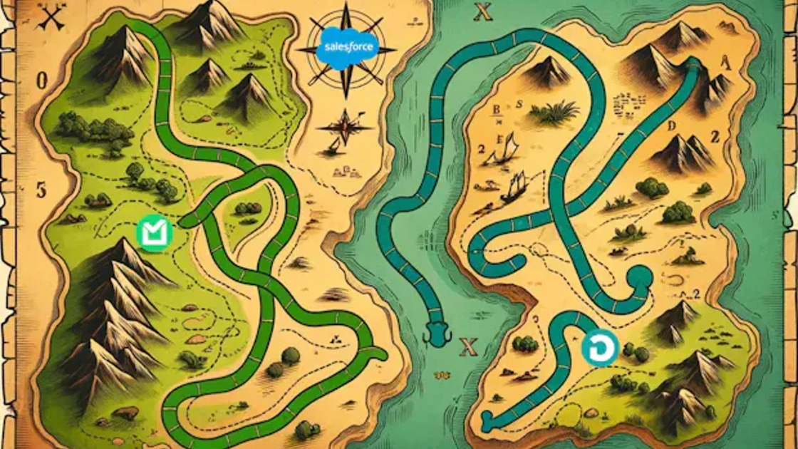 A treasure-map illustration split into two territories, one path leading to Plauti's logo and the other to DataGroomr's, with a Salesforce cloud icon at the crossroads between them.