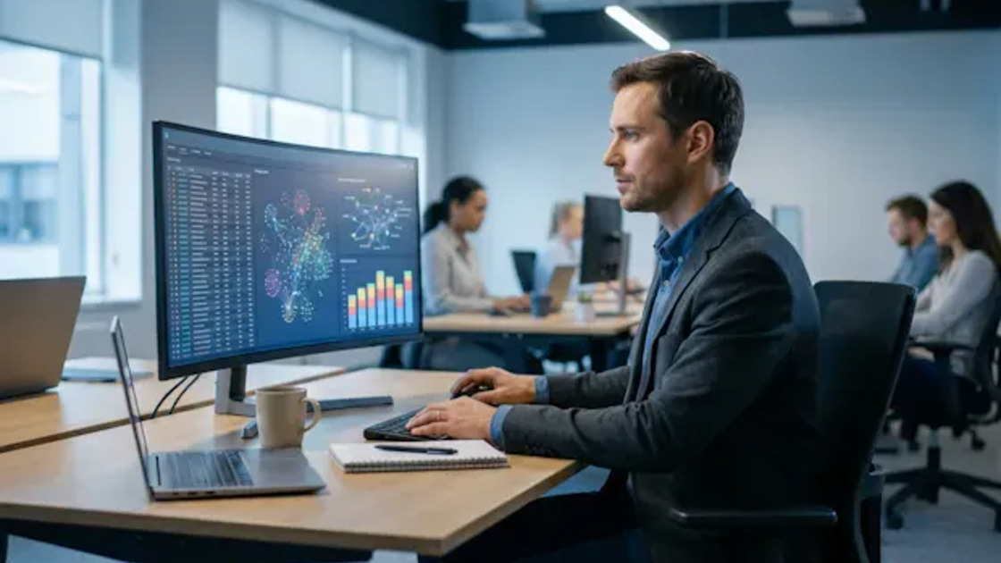 A person at a desk reviewing a data network graph and charts on a monitor, with colleagues working in the background.