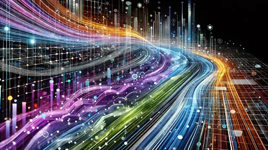 Abstract illustration of colorful glowing data streams flowing along a curved digital roadway, representing data moving through a CRM.