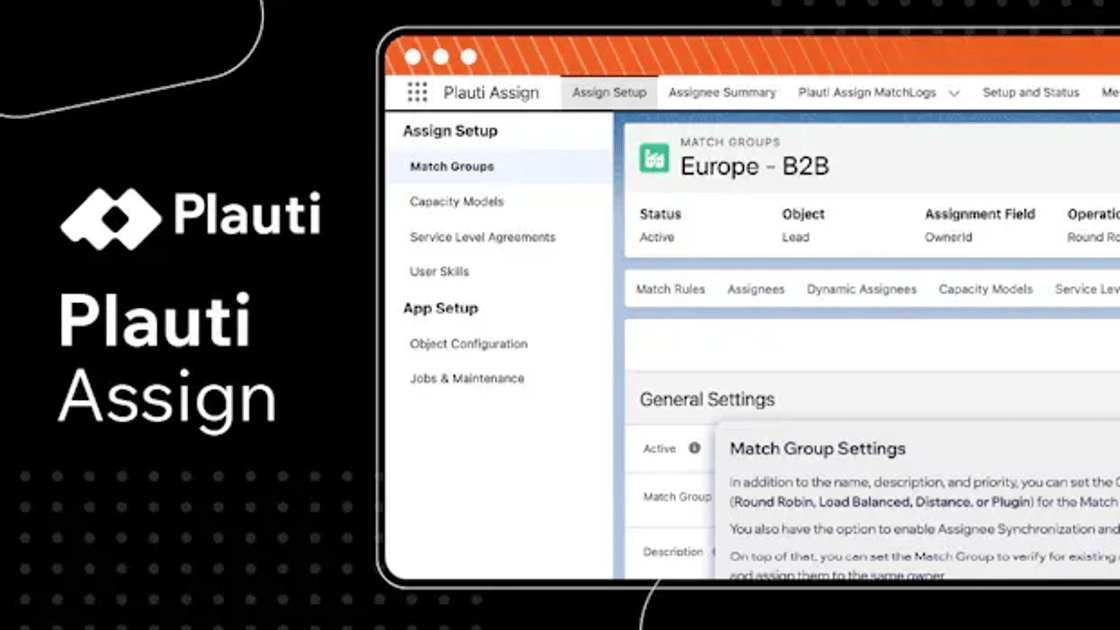Salesforce admin screen showing routing groups and assignee status for a large team