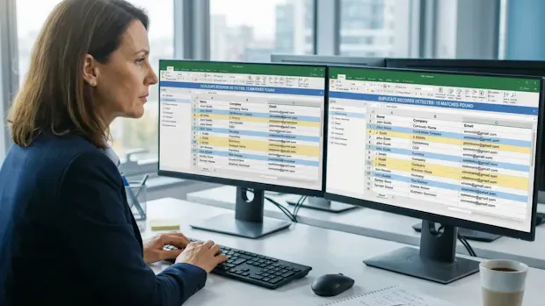 A data analyst reviewing two monitors of spreadsheet rows flagged as duplicate records