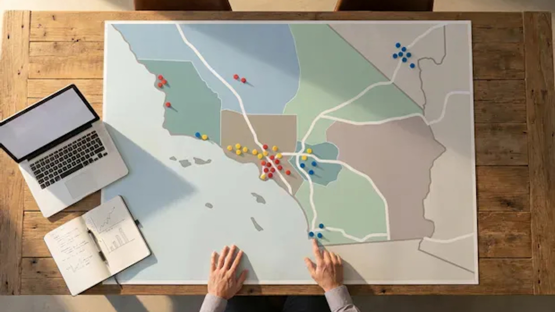 A hand points at a color-coded territory map covered in location pins, with a laptop and notebook on a wooden table beside it.