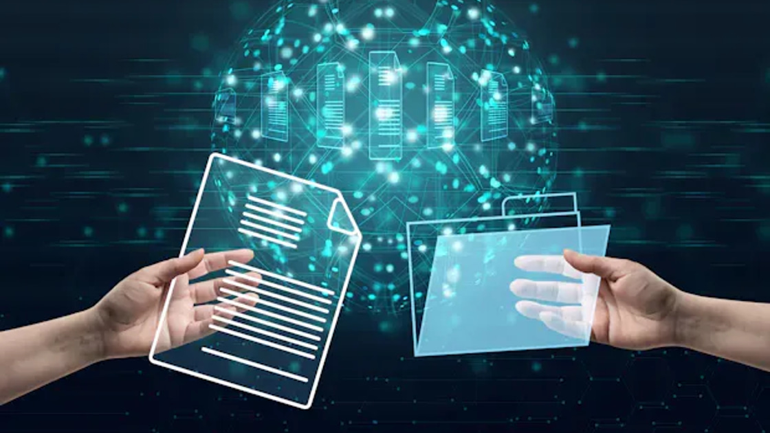 Two hands exchange a document and a data folder in front of a glowing digital network sphere, representing data moving between systems.