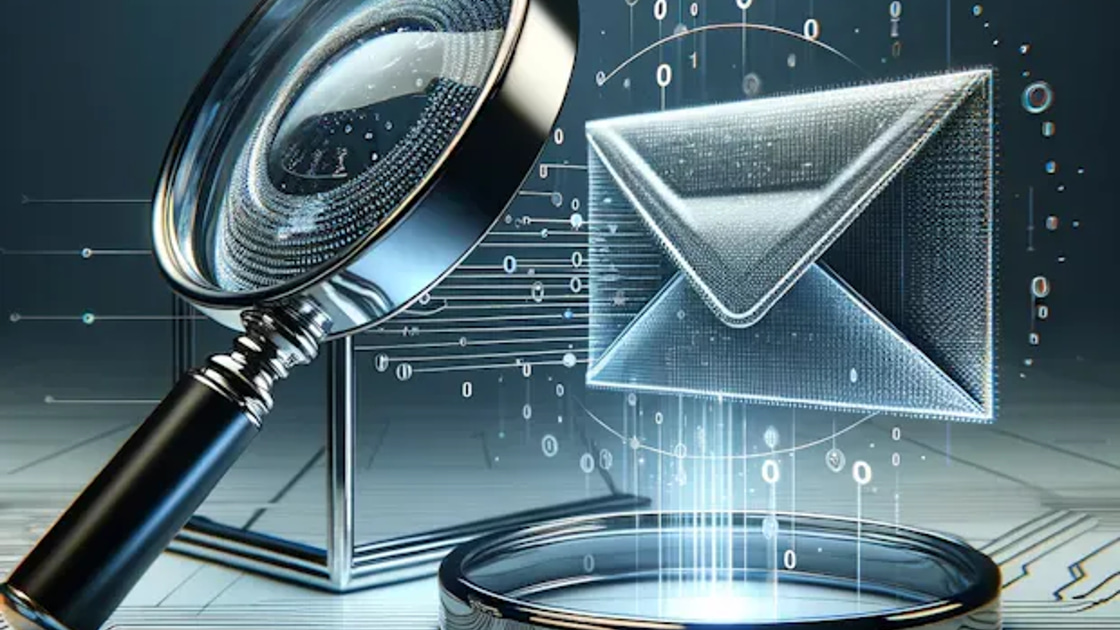 Stock illustration of a magnifying glass inspecting a glowing digital envelope above streams of binary code, used as generic cover art for a data-quality comparison.
