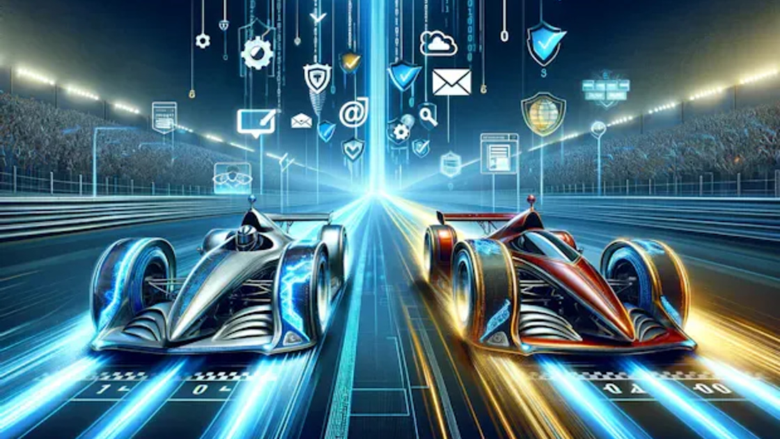 Two race cars speeding head-to-head down a track at night, with email, security, and data icons hovering above them