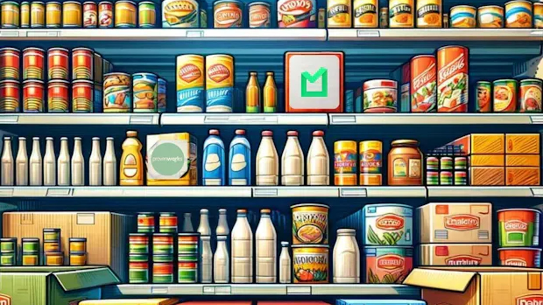 Illustrated grocery-store shelf stocked with canned goods, jars, bottles, and boxes, with a small Plauti logo icon placed among the products