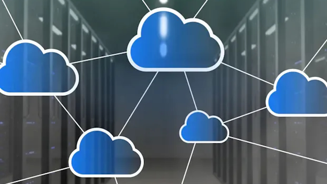 Illustration of interconnected cloud icons in a data center, representing linked Salesforce records across systems.