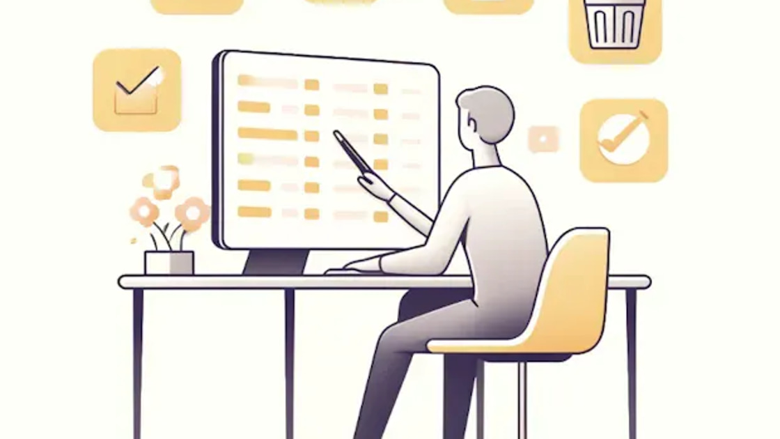 Flat illustration of a person at a desk reviewing a list of records on a computer screen, surrounded by icons for approving, editing, and deleting entries.