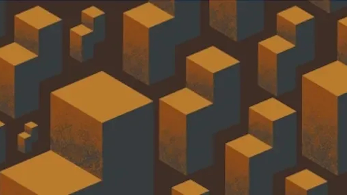 Abstract isometric illustration of orange and dark blue-gray cube blocks, arranged like a data skyline.