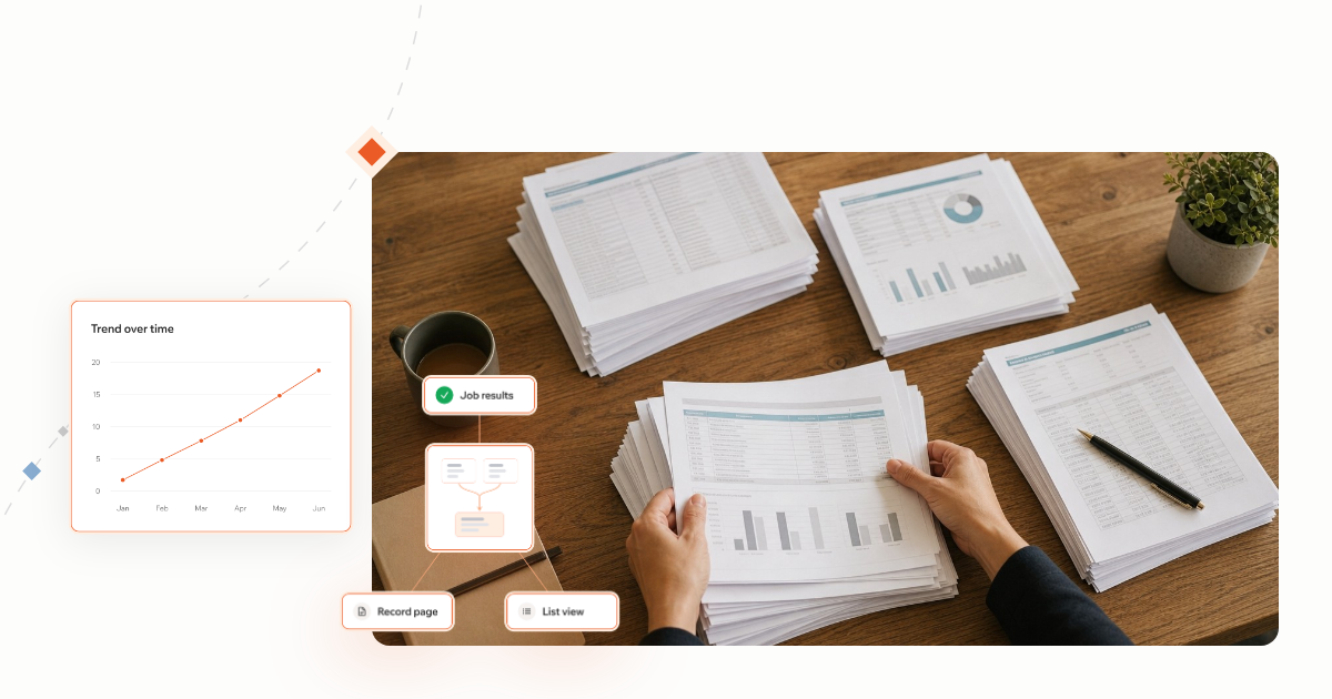 Hands holding printed reports with charts, next to a trend chart and a merge-results card.