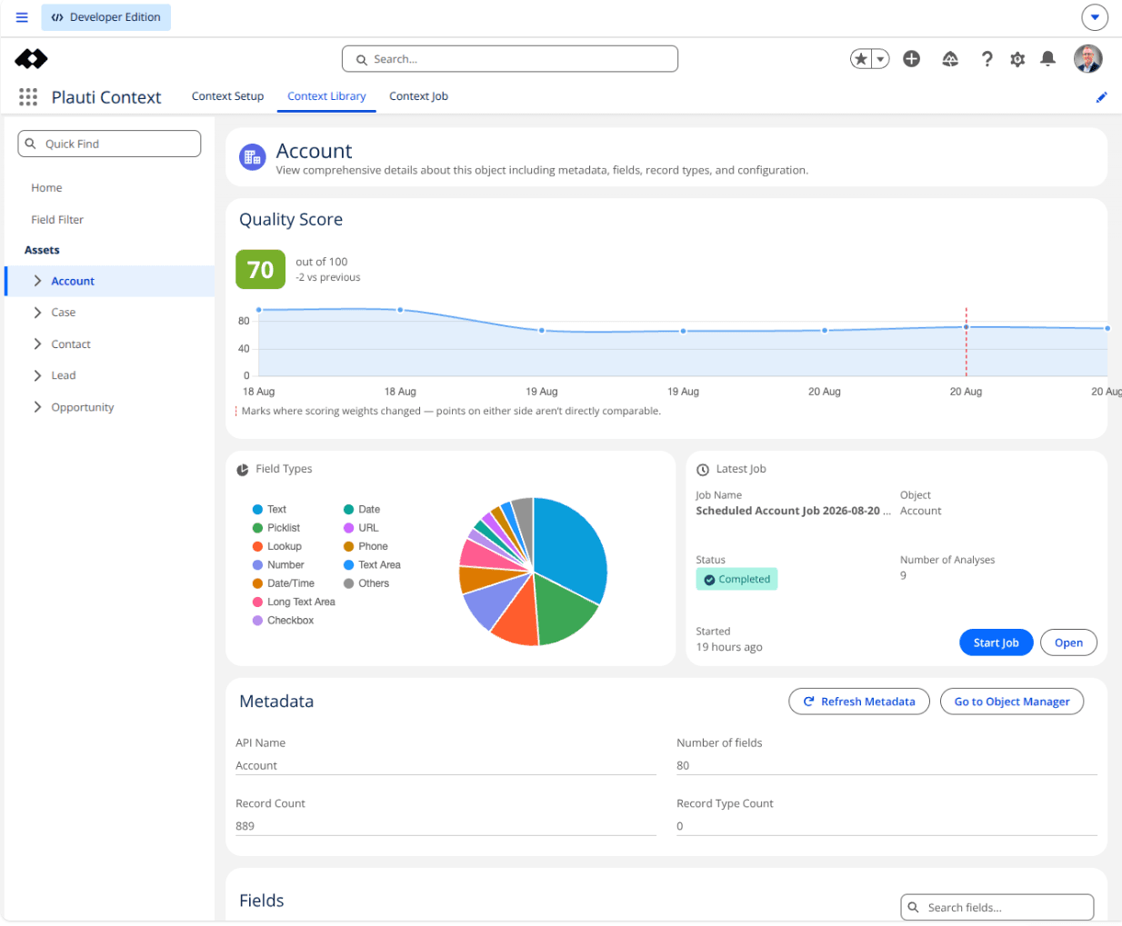 The Plauti quality score for the Account object in Salesforce: a score of 70 out of 100, its trend over recent runs, and a completed scheduled analysis job.