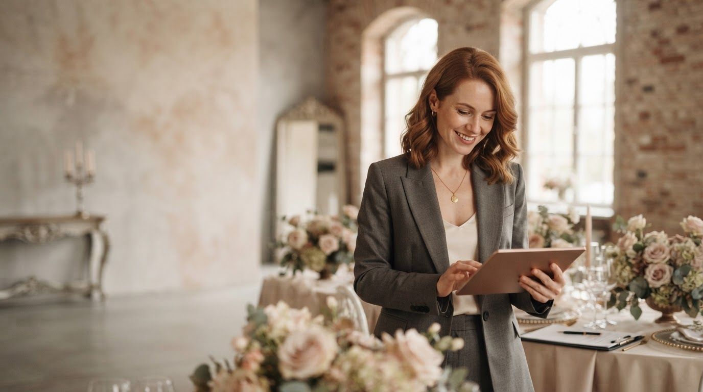 Wedding coordinator using a tablet at an elegant floral table setting
