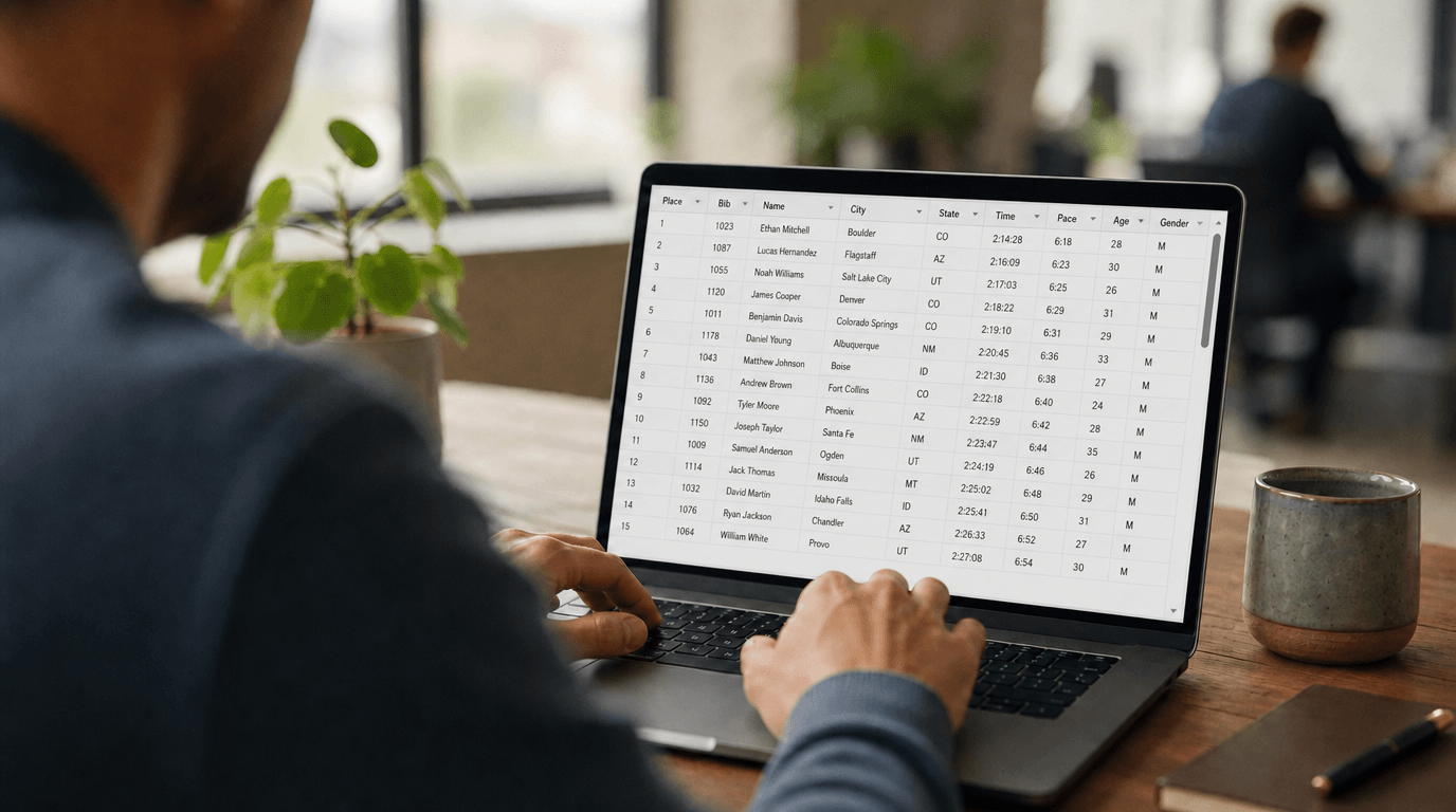 D365 duplicate detection. Man behind a laptop looking a spreadsheet