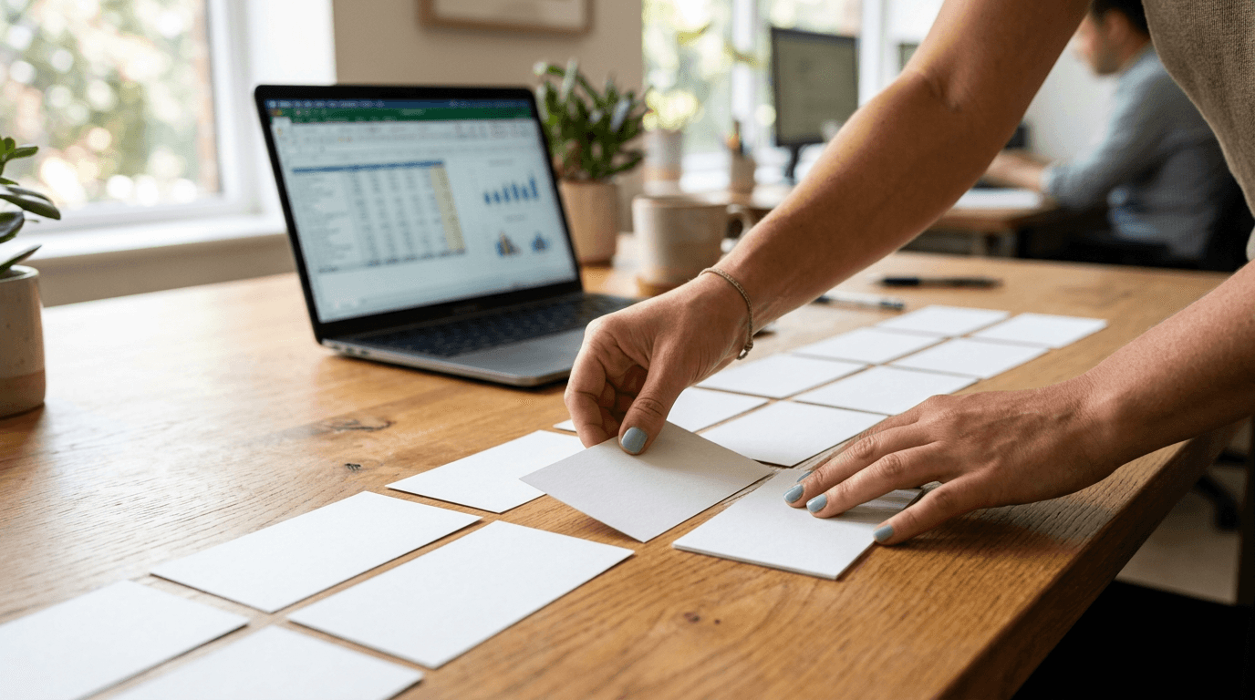 Woman arranging cards to rank a solution