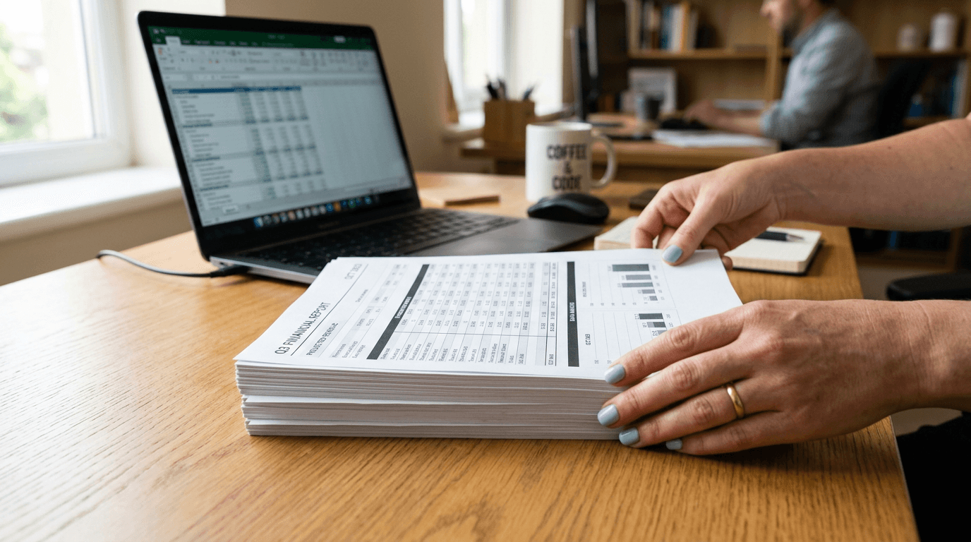 Woman is finished arranging spreadsheets to rank a solution