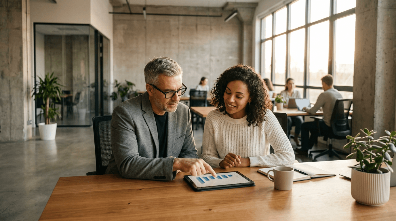 Defaqto customer success story. A man showing statistics to his colleague.