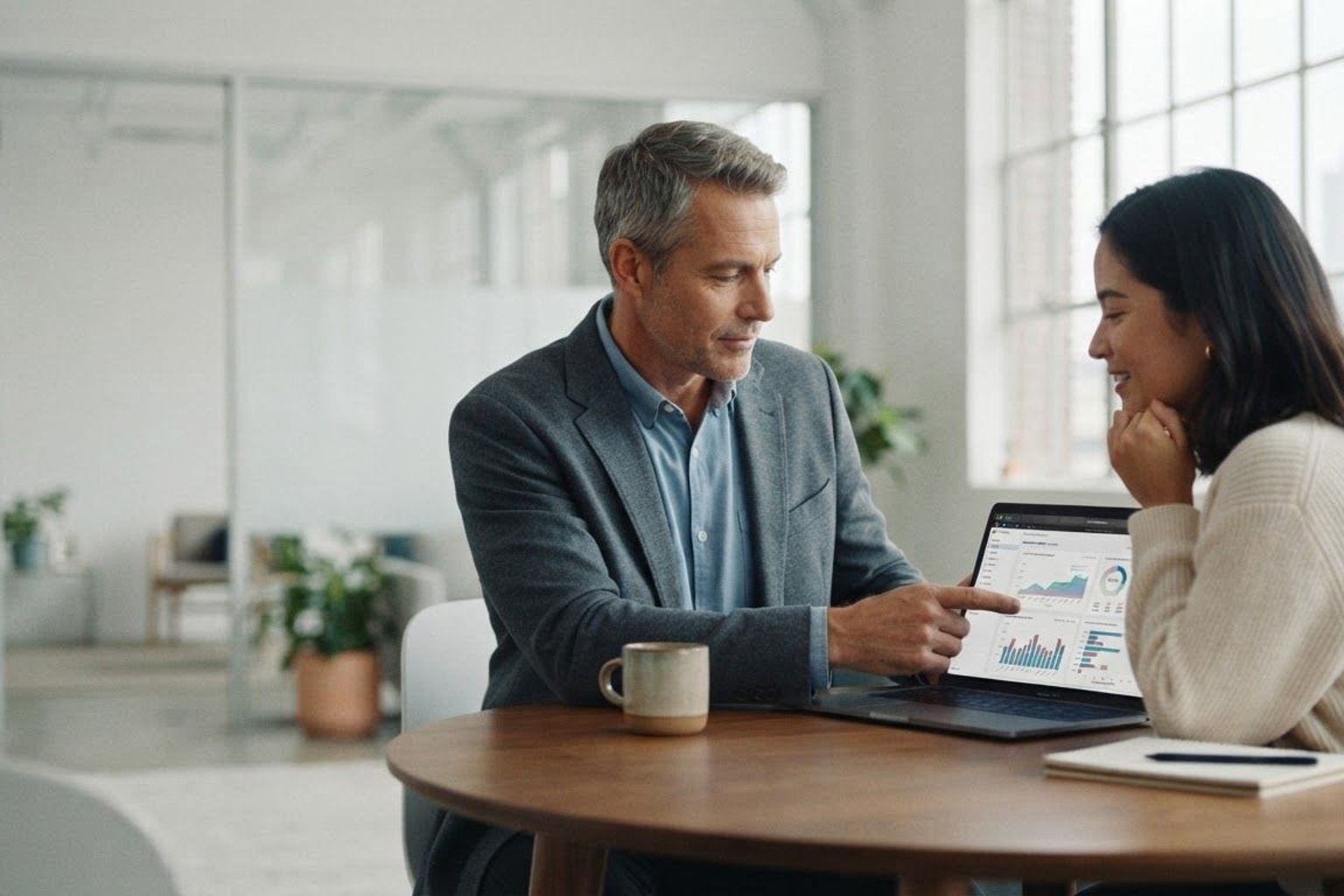 A CRM manager stands to lead a discussion with colleagues seated around a conference table.