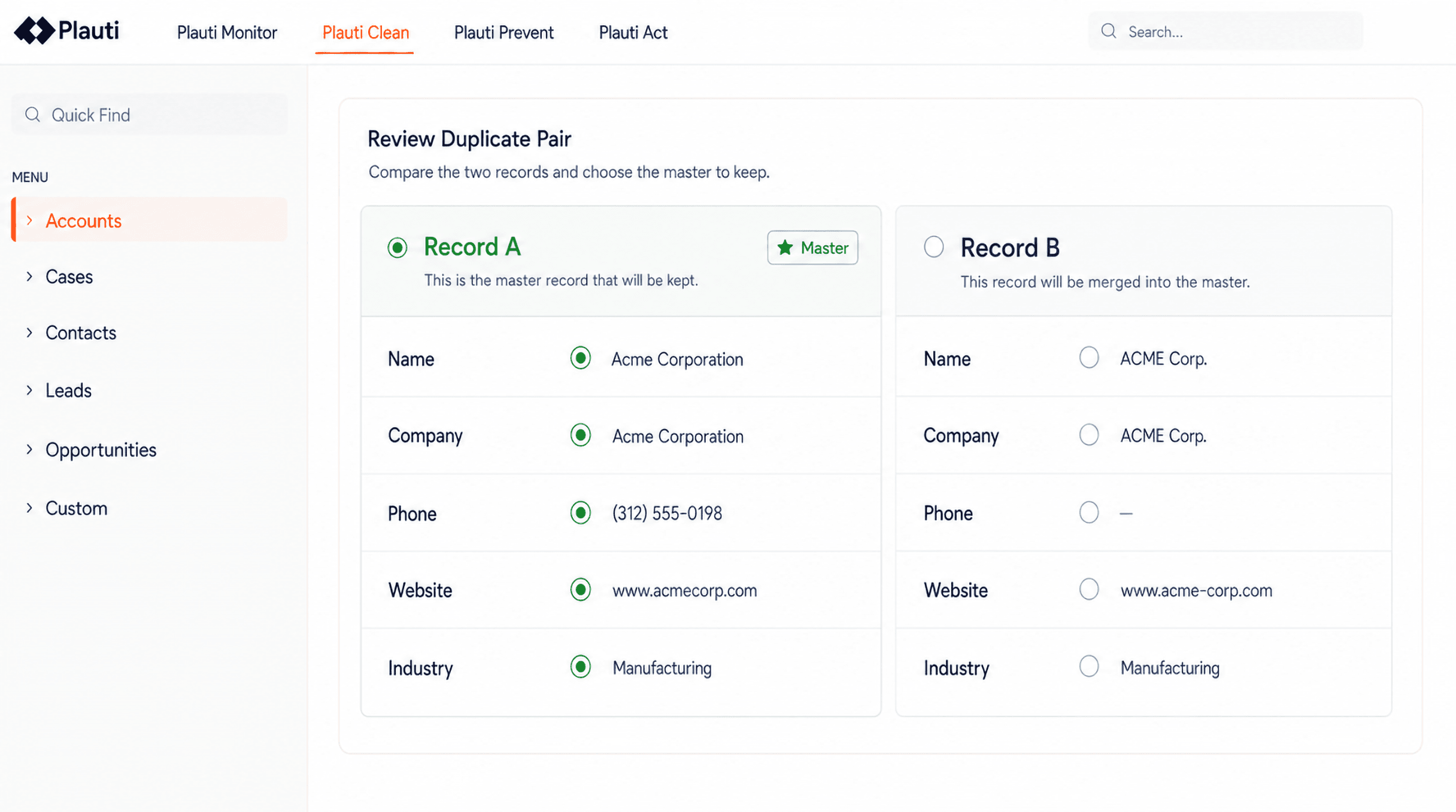 Two duplicate records side by side in Plauti, compared field by field before they are merged