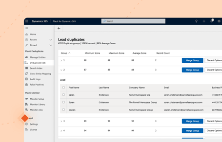 Plauti duplicate results in Dynamics 365, showing scored lead duplicate groups ready to merge.