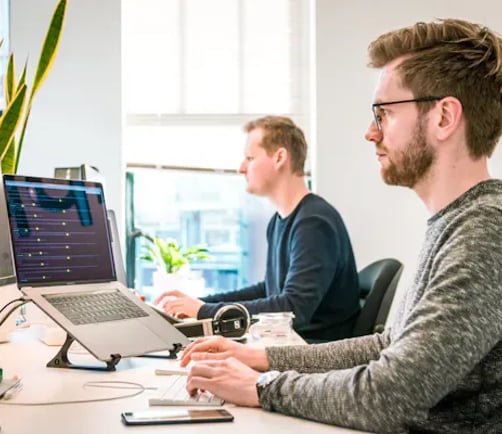 Two colleagues working at their laptops in an office