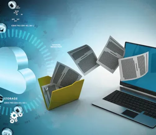 Documents flying from a folder into a laptop, illustrating data moving into cloud storage