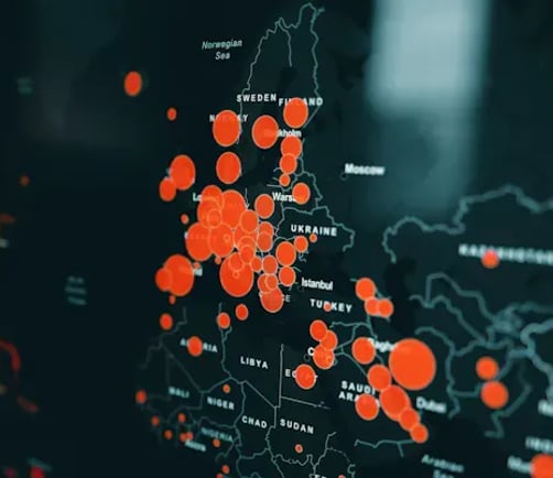 A world map showing a heavy concentration of tracked data points across Europe and the Middle East