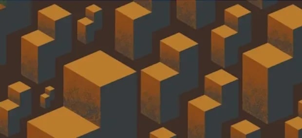 Abstract isometric illustration of orange and dark blue-gray cube blocks, arranged like a data skyline.