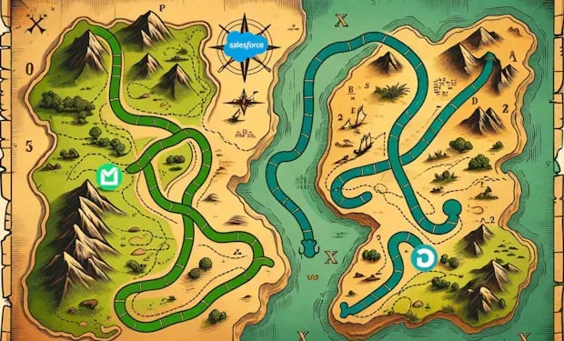 A treasure-map illustration split into two territories, one path leading to Plauti's logo and the other to DataGroomr's, with a Salesforce cloud icon at the crossroads between them.