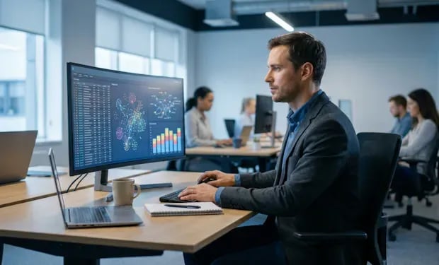 A person at a desk reviewing a data network graph and charts on a monitor, with colleagues working in the background.
