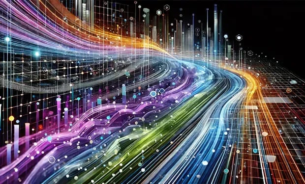 Abstract illustration of colorful glowing data streams flowing along a curved digital roadway, representing data moving through a CRM.