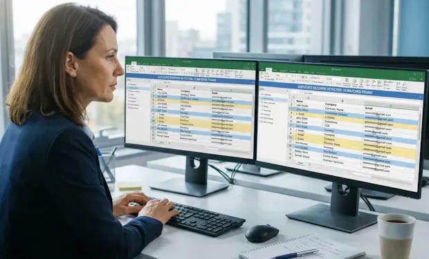 A data analyst reviewing two monitors of spreadsheet rows flagged as duplicate records