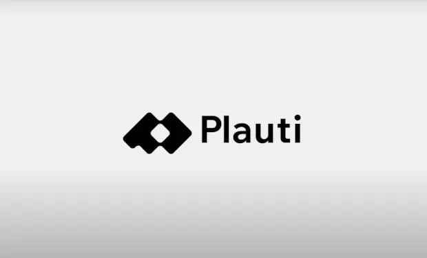 Plauti's new logo mark, a black interlocking diamond shape next to the Plauti wordmark, on a light gray background.