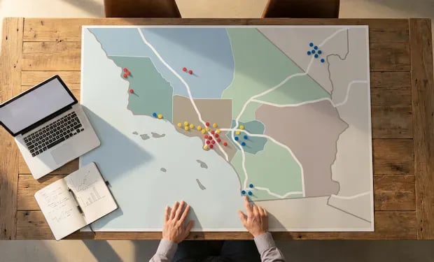 A hand points at a color-coded territory map covered in location pins, with a laptop and notebook on a wooden table beside it.