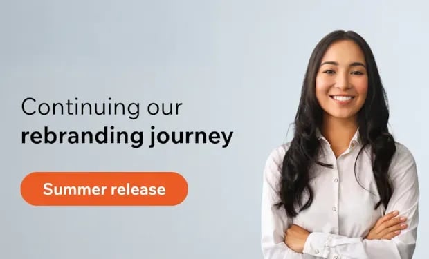 A woman in a white shirt stands with arms crossed against a light gray background beside the text 'Continuing our rebranding journey — Summer release.'