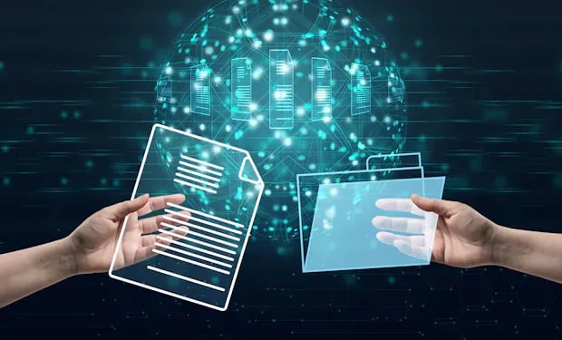Two hands exchange a document and a data folder in front of a glowing digital network sphere, representing data moving between systems.