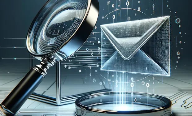 Stock illustration of a magnifying glass inspecting a glowing digital envelope above streams of binary code, used as generic cover art for a data-quality comparison.