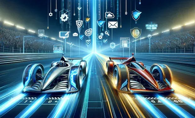 Two race cars speeding head-to-head down a track at night, with email, security, and data icons hovering above them