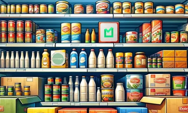 Illustrated grocery-store shelf stocked with canned goods, jars, bottles, and boxes, with a small Plauti logo icon placed among the products