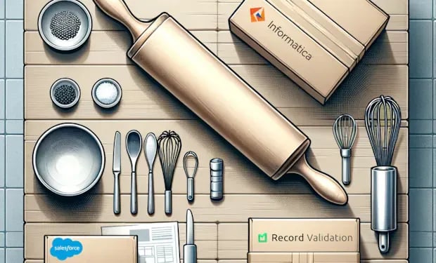 Illustration of a rolling pin, mixing bowls, and whisks on a counter next to boxes labeled Informatica, Salesforce, and Record Validation.