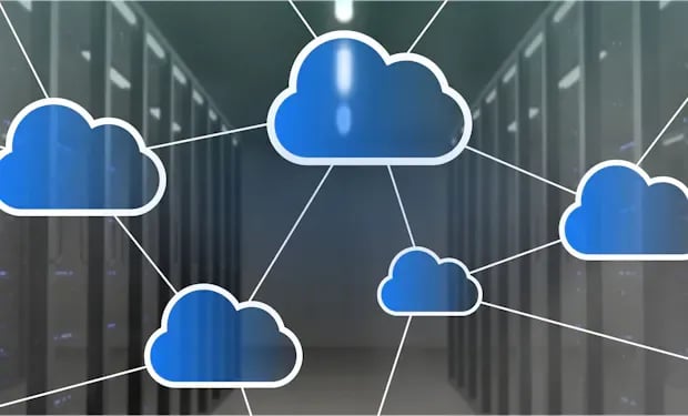 Illustration of interconnected cloud icons in a data center, representing linked Salesforce records across systems.